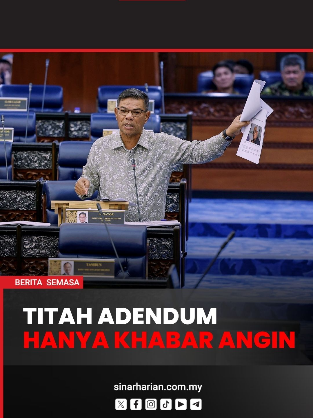 Titah adendum tahanan rumah Najib hanya khabar angin - Saifuddin Menteri Dalam Negeri,  Datuk Seri Saifuddin Nasution Ismail menegaskan bahawa Titah Adendum yang dikatakan memerintahkan penahanan rumah bekas perdana menteri Datuk Seri Najib Razak hanyalah khabar angin. Muzik: Elevate dari www.bensound.com #SinarHarian #BeritaSemasa #Parlimen #titahademdum #NajiRazak