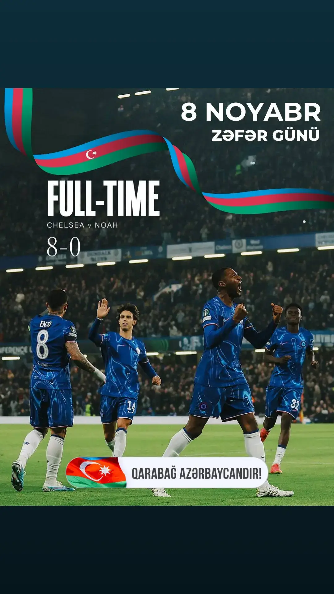 ✊🏻 Dəmir yumruq yerindədir! Hər ilin 8 noyabr tarixində Ermənistan zərbə alır. Bugün, UEFA Konfrans Liqası çərçivəsində keçirilən oyunda Çelsi, Ermənistanın Noah klubunu darmadağın edir. Hesab isə özündə tarixi əks etdirir. 8:0. 🇦🇿 Zəfər günümüz mübarək! #8noyabr #zəfərgünü #zefergunu #karabakhisazerbaijan #qarabağazərbaycandır🇦🇿 