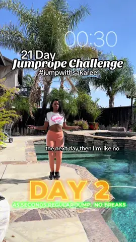 DAY 2/21- 45 seconds regular jump. Today we’re just slightly increasing the time of jumping withbno breaks, by 15 secs. This challenge is beginner friendly, which is why we have gradual increases. Feel free to jump in anytime and tag me/use the hashtag ##jumpwithsakaree💪🏾 ##howtojumprope##jumpropegirl#j#jumpropechallengej#jumpropeworkoutj#jumpropejourneyw#workoutg#GymTok