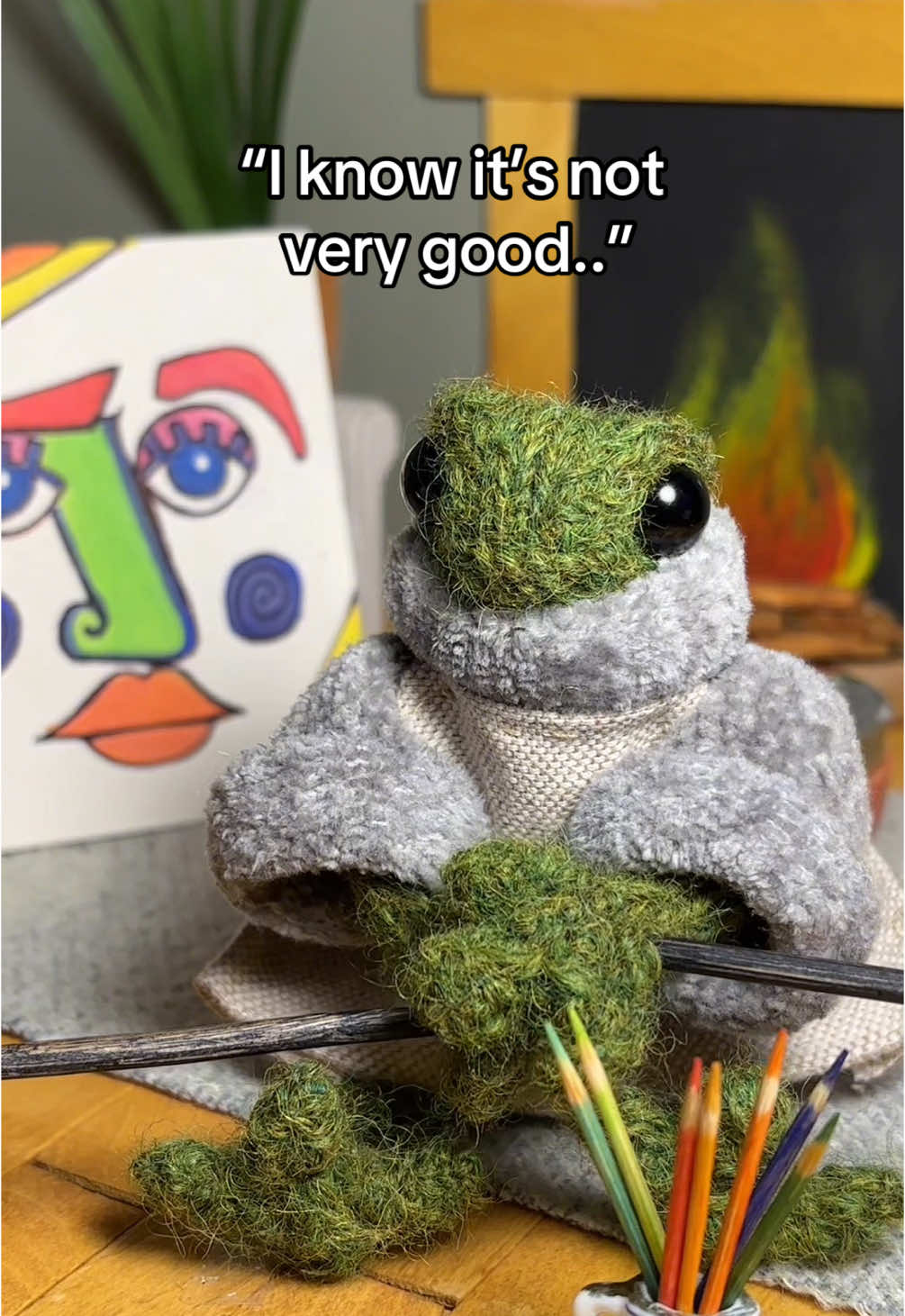 Replying to @Jay246000 Froggie friend draws a picture of you! 🐸✏️🖼️ #fyp #foryou #asmrsounds #asmrtingles #portrait #draw #drawings #art #artist #drawingmyfollowers #asmrroleplay #personalattention #asmr #comforting #knitteddoll #miniature #frog