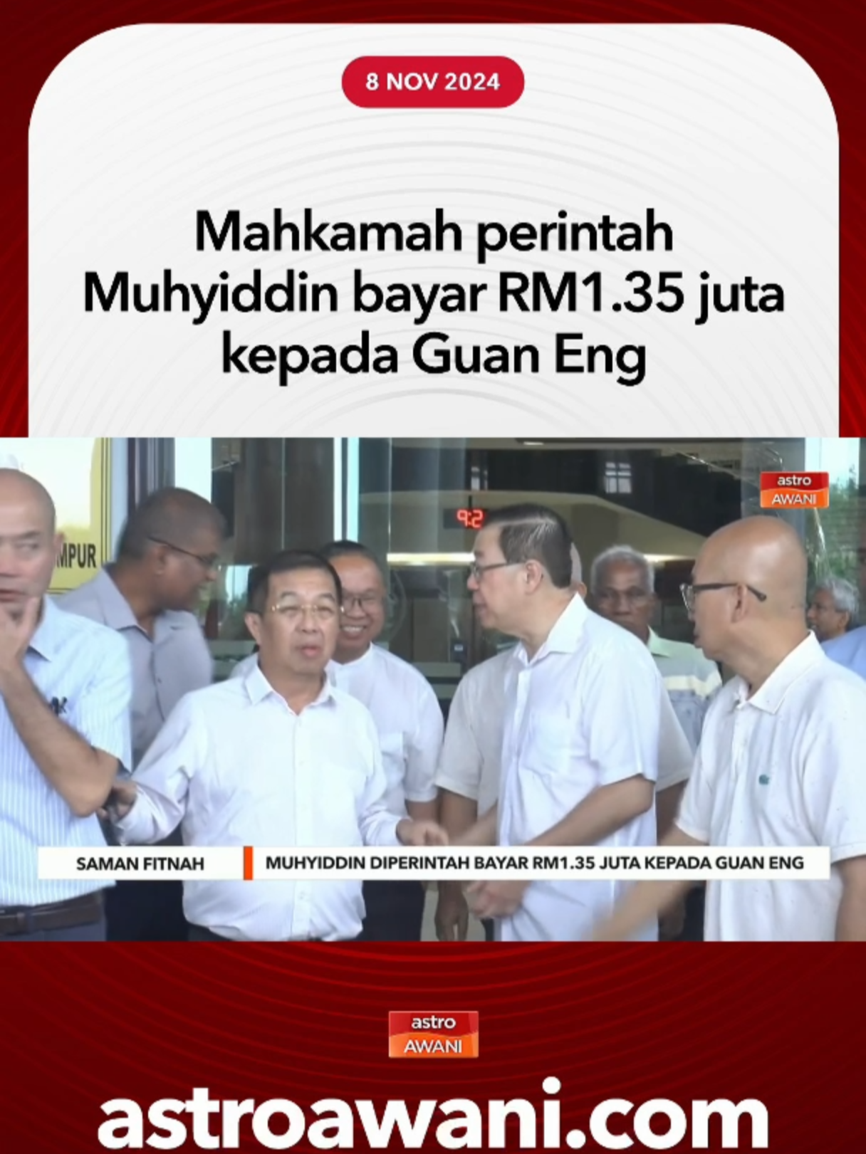 Presiden Bersatu, Tan Sri Muhyiddin Yassin diperintah oleh Mahkamah Tinggi Kuala Lumpur i membayar ganti rugi sebanyak RM1.35 juta kepada bekas Menteri Kewangan, Lim Guan Eng selepas Pesuruhjaya Kehakiman, Roz Mawar Rozain mendapati Guan Eng berjaya dalam saman fitnahnya terhadap bekas Perdana Menteri itu berhubung isu pembatalan pengecualian cukai terhadap sebuah yayasan kebajikan. #AWANInews