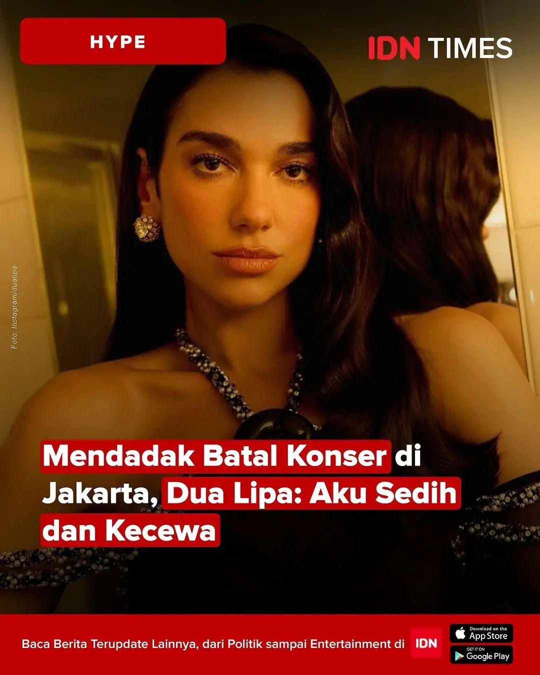 Dua Lipa batal konser di Jakarta. Pengumuman ini disampaikan promotor, PK Entertainment, melalui akun Instagramnya pada Jumat (8/11) malam, kurang dari sehari sebelum jadwal konser seharusnya. “Karena keamanan yang tak terduga dan masalah logistik, TEM Presents & PK Entertainment dengan menyesal mengumumkan pembatalan Dua Lipa Radical Optimism Tour in Jakarta yang dijadwalkan pada 9 November 2024 di Indonesia Arena,” promotor mengumumkan. Sang musisi juga sudah mengonfirmasi kabar ini, “Aku sudah di negara kalian yang luar biasa ini dan siap untuk tampil, tapi aku sedih dan kecewa untuk mengatakan bahwa keputusannya adalah tidak aman untuk melanjutkan pertunjukan, karena masalah keamanan panggung,” kata Dua Lipa di Story Instagram-nya. #idntimes #idntimeshype #tiktoktainment #idntaiment #dualipa 