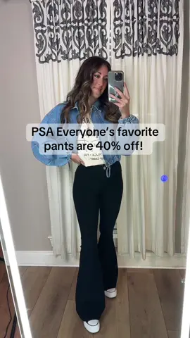 Everyone needs these pants! Fiona flares are 40% off for the month of November! @Willow Boutique #fionaflares #pants #blackpants #denimjacketoutfit #womensclothes  #pantsyouneed #cuteoutfits 