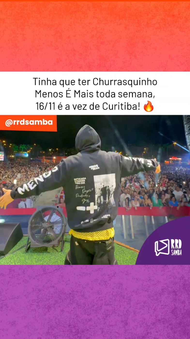 O Churrasquinho chega em Curitiba no sábado (16/11). É tudo que eu preciso, um pagode do @Grupo Menos É Mais com os de verdade! 🤌💜 #VemProChurrasquinho #Pagode #MenosÉMais #GrupoMenosÉMais #ChurrasquinhoMenosÉMais #rrdsamba #samba #menosemais #resenha #curitiba #parana