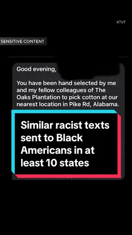 The FBI is warning of racist texts sent to Black Americans across at least 10 states in the wake of the 2024 election in which recipients are being told that they have been “selected to pick cotton” and will be taken to a plantation. “It was soul crushing to know that this hate, this bigotry is still out there,” one of the text recipients said.  #fbi #text 