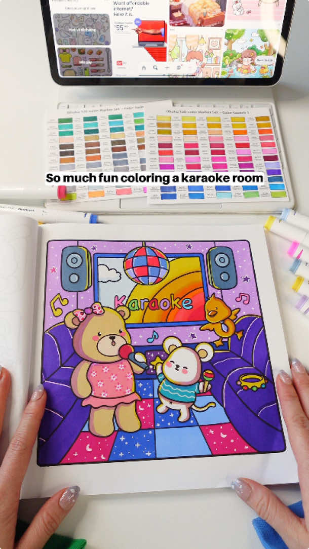 Color with us! 🎤✨ Dive into the fun of our karaoke room page and bring it to life with your own colors. Now available on Amazon! 📚🎨 #bellybean #bellybeancoloring #bellybeantales #coloring #coloringtok #coloringbooks #cutecoloring 