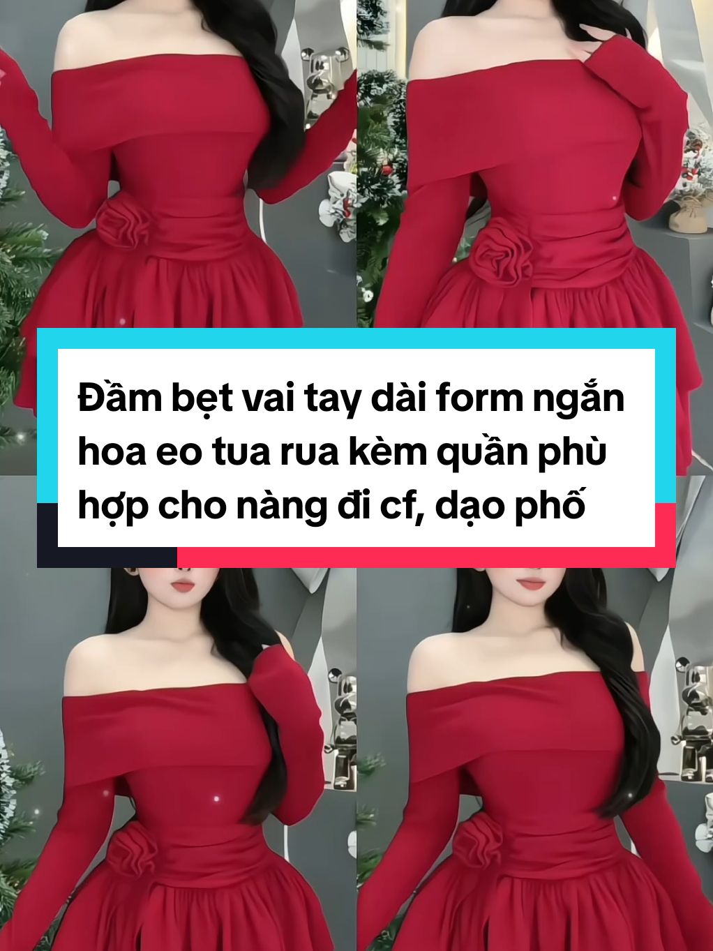 Đầm bẹt vai tay dài form ngắn hoa eo tua rua kèm quần phù hợp cho nàng đi cf, dạo phố#ngocphu12345 #fashiontiktok #dambetvai #xuhuongthoitrang 