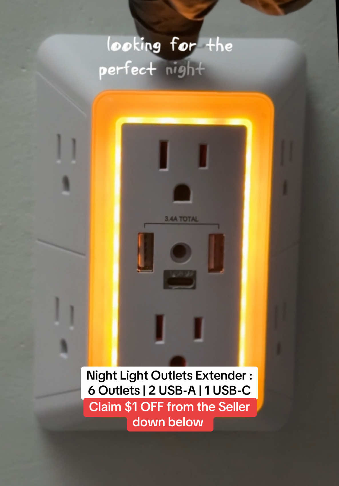 Night Light Outlets Extender : 6 Outlets | 2 USB-A | 1 USB-C #nightlight #outlets #tiktokshopcybermonday #tiktokshopblackfriday #ttstakeover 