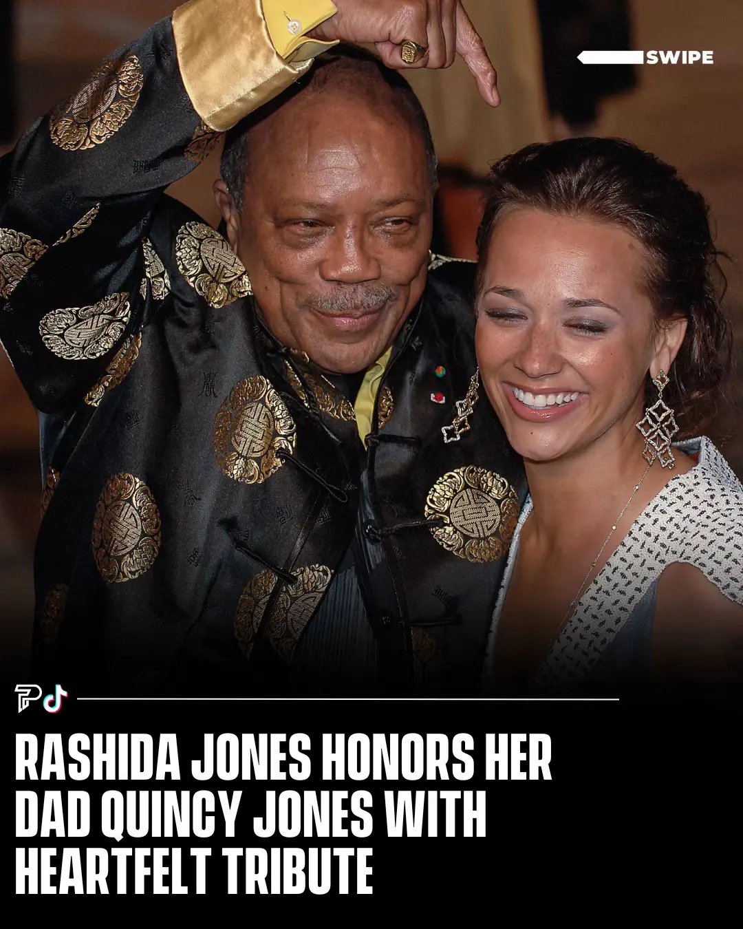 Rashida Jones honored her late father, iconic music producer Quincy Jones, who passed at 91, by sharing a heartfelt memory on IG. She recalled waking up at night as a child to find Quincy composing music by hand. He would embrace her, creating a feeling of unparalleled safety.  Describing him as “a giant, icon, culture shifter, and genius,” Rashida said, “He WAS love,” and felt privileged to experience his unwavering affection firsthand. #RoadTo16Million #Pubity 