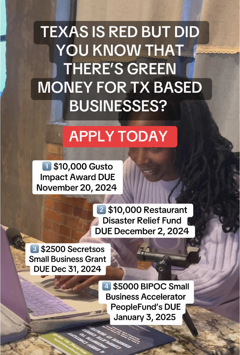 In the Red+White+Blue, we like all love GREEN 🔓💰 SUBSCRIBE🔝🔗 stan.store/50KGrantGuru APPLY FOR THESE ⬇️  $5000 BIPOC Small Business Accelerator PeopleFund’s BIPOC Small Business Accelerator provides underserved entrepreneurs in Texas with the capital, education, and resources needed to support healthy business growth. Those who successfully meet all program requirements, close on their loan, and graduate may receive a grant between $3,000-$5,000 that can be used for equity injection or other legal business purposes. Must be located in the state of Texas Apply by January 3, 2025  https://peoplefund.org/bipoc-business-accelerator-3-2/   $2500 Secretsos Small Business Grant Secretsos is not just about teaching business skills, they actively support your growth. That's why they offer the Secretsos™ Small Business Grant - a financial boost to help you leap over obstacles and accelerate your success. Must be 21 years or older, Must have an active business that operates in the United States (except Alaska, Florida, Hawaii, New York, and Rhode Island)Note: there is a $15 application fee. Apply by December 31, 2024 https://www.secretsos.net/SOS_Grant $10,000 Gusto Impact Award The Gusto Impact Awards celebrates small businesses powering Charlotte, Dallas/Forth Worth, Denver, Houston, and Miami. Share your small business story for a chance at a $40,000 advertising package, $10,000 cash, and one year of free Gusto payroll services.      ◦    Must be located in the greater metropolitan areas of Charlotte, North Carolina; Dallas/Fort Worth, Texas; Denver, Colorado; Houston, Texas; or Miami, Florida Apply by November 20, 2024 https://gusto.com/customers/impact-award-contest#enternow   $10,000 Restaurant Disaster Relief Fund (Fall Round - 2024) DoorDash, in partnership with Hello Alice, has started the Restaurant Disaster Relief Fund to provide grants and resources to local restaurants across the United States and Puerto Rico affected by natural disasters. December 2, 2024 at 6pm ET. https://app.helloalice.com/grants/restaurant-disaster-relief-fund-fall-round-2024 I am Deslyn your @$50KGrantGuru ,the founder of Koality Funding Solutions and I help business owners secure funding in no time with my grant writing and business plans services/ courses! #texas #startup #businessgrants #SmallBusiness #businessfunding #businessplan #businessconsultant #grants #entrepreneur #womeninbusiness #womenownedbusiness 