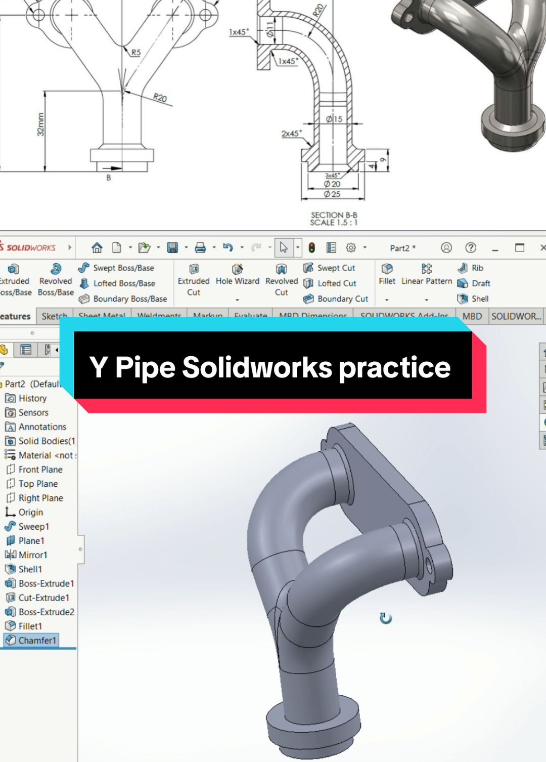 Y Pipe Solidworks practice  #foryou #teknikmesin #designmechanicalengineering #solidworks #mechanicalengineering 