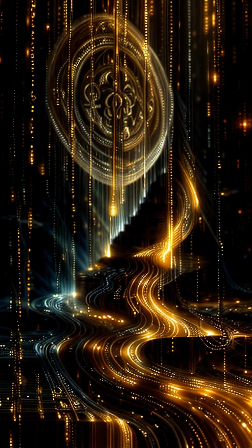 Mystic Data Cascade: This live wallpaper captures an ancient code flow, where streams of glowing golden symbols and mysterious runes descend over a dark, timeless background. The symbols flow in a smooth cascade, resembling a digital waterfall with an ancient twist. The golden hue of the symbols casts a warm glow, adding a sense of arcane power and mystery to the scene. #AIWallpapers #LiveWallpaper #AncientCode #DigitalMystery #GoldenRunes #ArcaneFlow #MysticSymbols 