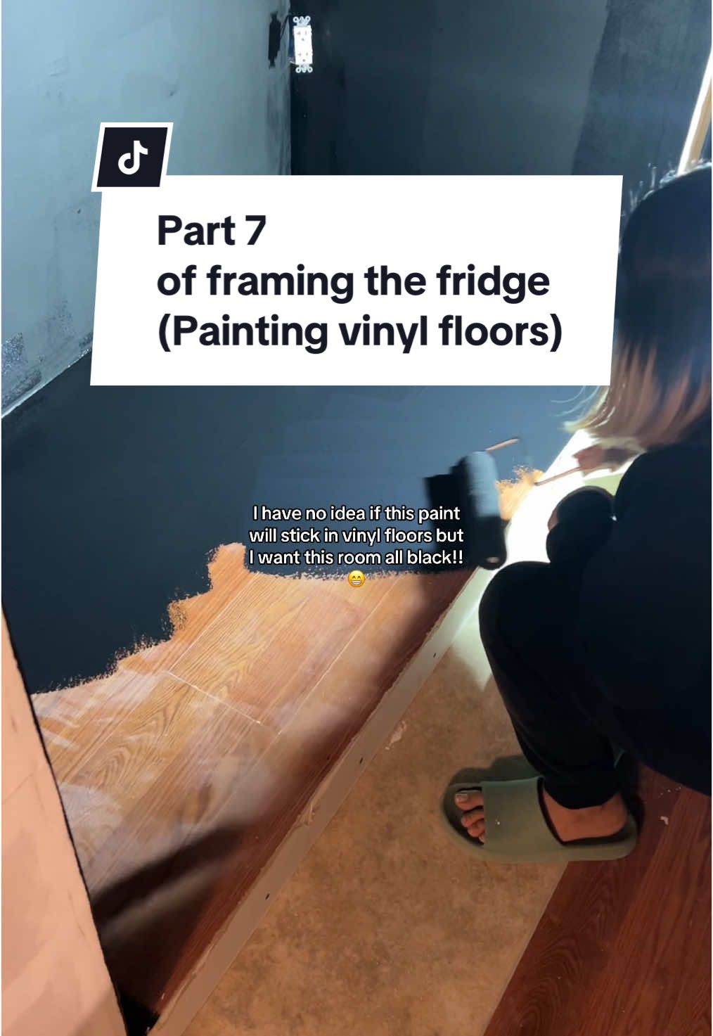 Idk if the paint will stick but theres only one way to find out!😆 I want this room black so that when we put the fridge in, you only see black in the gaps around the frame..#DIY #building #homeimprovement #homerenovation #kitchen #fyp 