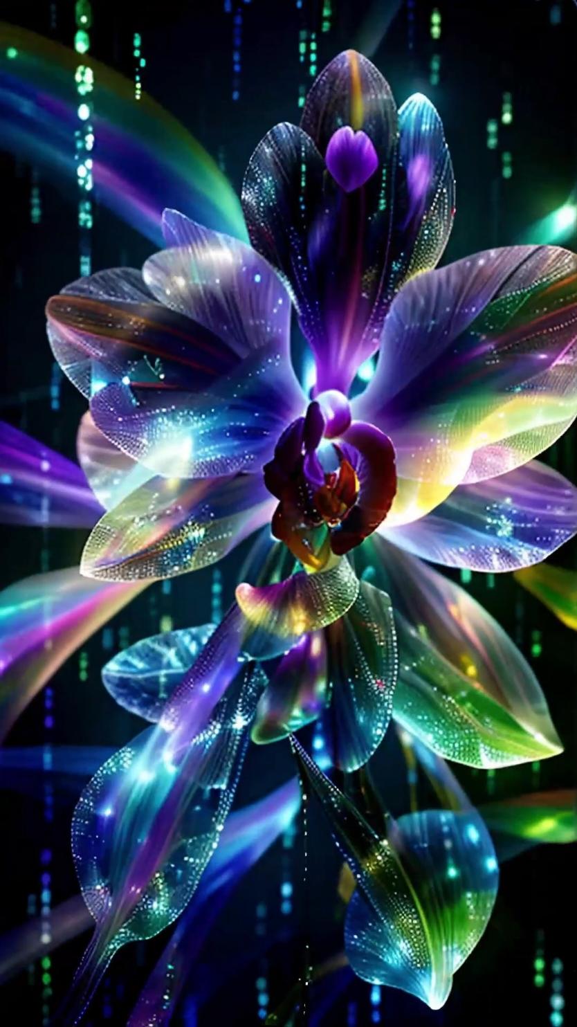 Digital Orchid Illusion: In this mesmerizing live wallpaper, flowing streams of data transform into translucent, glass-like orchids, each petal emitting a faint green Matrix glow. The orchids pulse with a gentle light, their glassy petals reflecting hints of rainbow hues as the digital code flows through, creating an ethereal, holographic effect. The scene feels like a blend of nature and futuristic technology, adding a calming, otherworldly vibe. #AIWallpapers #LiveWallpaper #OrchidPrism #GlassFlowers #DigitalNature #MatrixGlow #HolographicFloral 