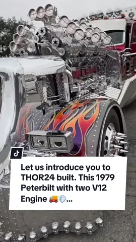 Let us introduce you to THOR24, the most powerful big rig ever built. This 1979 Peterbilt is powered by two V-12 Detroit Diesel engines and 12 superchargers. And, did we mention it shoots flames?!🚚💨😱 #fyp #usa🇺🇸 #fürdich #pov #viral_video #truck #diesel #supercharged #power 