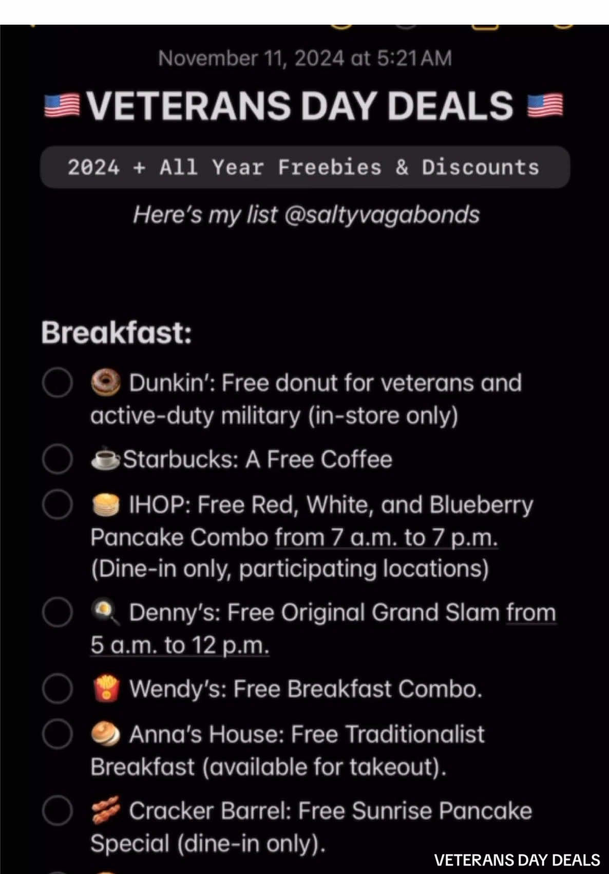 May you snag all the free deals! 🫡🇺🇸  #veteransday #veteran #activeduty #military #veteransdayfreebies #airforce #navy #marines #army #spaceforce #coastguard #militarybenefits #freefood #freebies #freestuff 