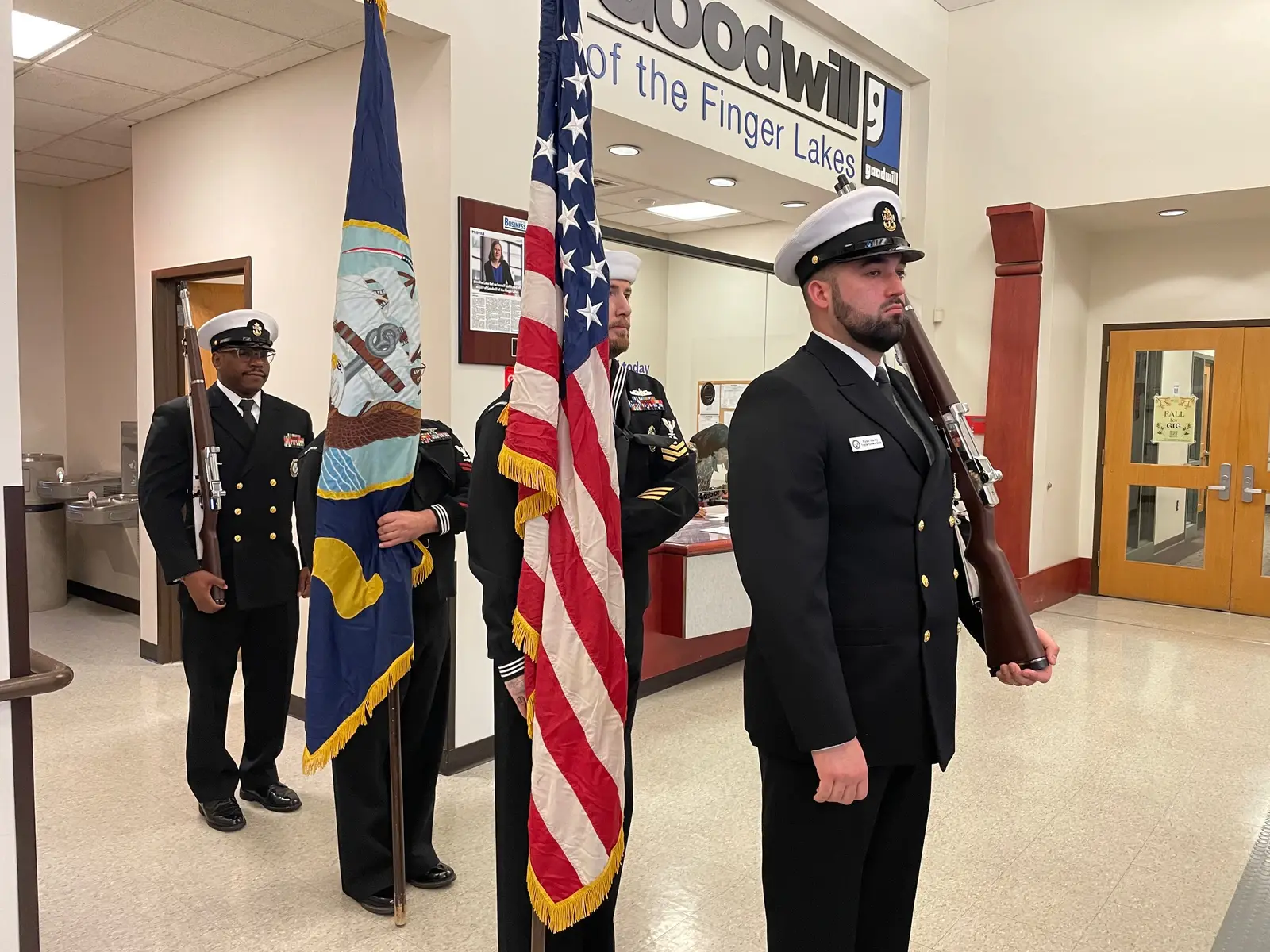 On this Veterans Day, I had the distinct honor of joining Chief Ryan Hardy, Petty Officer Matthew Ciereck of NTAG Pittsburgh, and Petty Officer Keith Flint of NRC Rochester in performing Color Guard at the Goodwill of the Finger Lakes Veterans Pinning Ceremony. The event was led by Goodwill President and CEO Jen Lake, with an inspiring address from guest speaker Lieutenant Colonel United States Army (retired) Andre Evans, who also serves as the Town of Irondequoit Supervisor. This ceremony was a meaningful tribute to Goodwill of the Finger Lakes employees, their families, and community members who have served our nation. It’s heartening to see Goodwill recognize and honor the sacrifices made by veterans in our community. Goodwill of the Finger Lakes is dedicated to making a positive impact by providing essential services and opportunities for those in need. From their work empowering individuals with disabilities to providing employment, training, and support services, Goodwill is a true pillar of hope and resilience in our community. It was a privilege to stand beside my fellow service members and pay tribute to all who have served. Goodwill of the Finger Lakes Town of Irondequoit #VeteransDay #ColorGuard #HonoringService #GoodwillFingerLakes #VeteranRecognition #CommunitySupport #ThankYouVeterans #MilitaryService #VeteransCeremony #NTAGPittsburgh #ProudToServe #Irondequoit #AndreEvans #JenLake #ChiefRyanHardy #MatthewCiereck #KeithFlint #CharltonHarley #GoodwillImpact #CommunityService #VeteransSupport #Gratitude #InServiceToOthers #MilitaryCommunity #UnitedWeStand #USNavy #ArmyVeteran #HonoringHeroes #fingerlakes @goodwillofthefingerlakes @Irondequoit @ROCHESTER NY 📍 #585 #fyp #westerny #upstateny #navychief #veteransday 