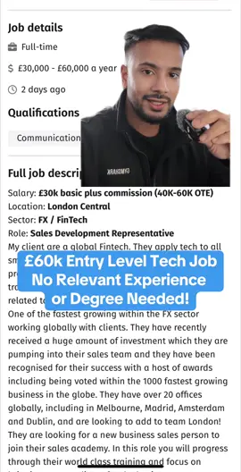 Here’s another tech sales job paying upto £60k! You dont need a degree for this role but they do want some office experience. Comment for link! #techtok #Tech #techsales #techjobs #entrylevel #sdr #fyp #fintech 