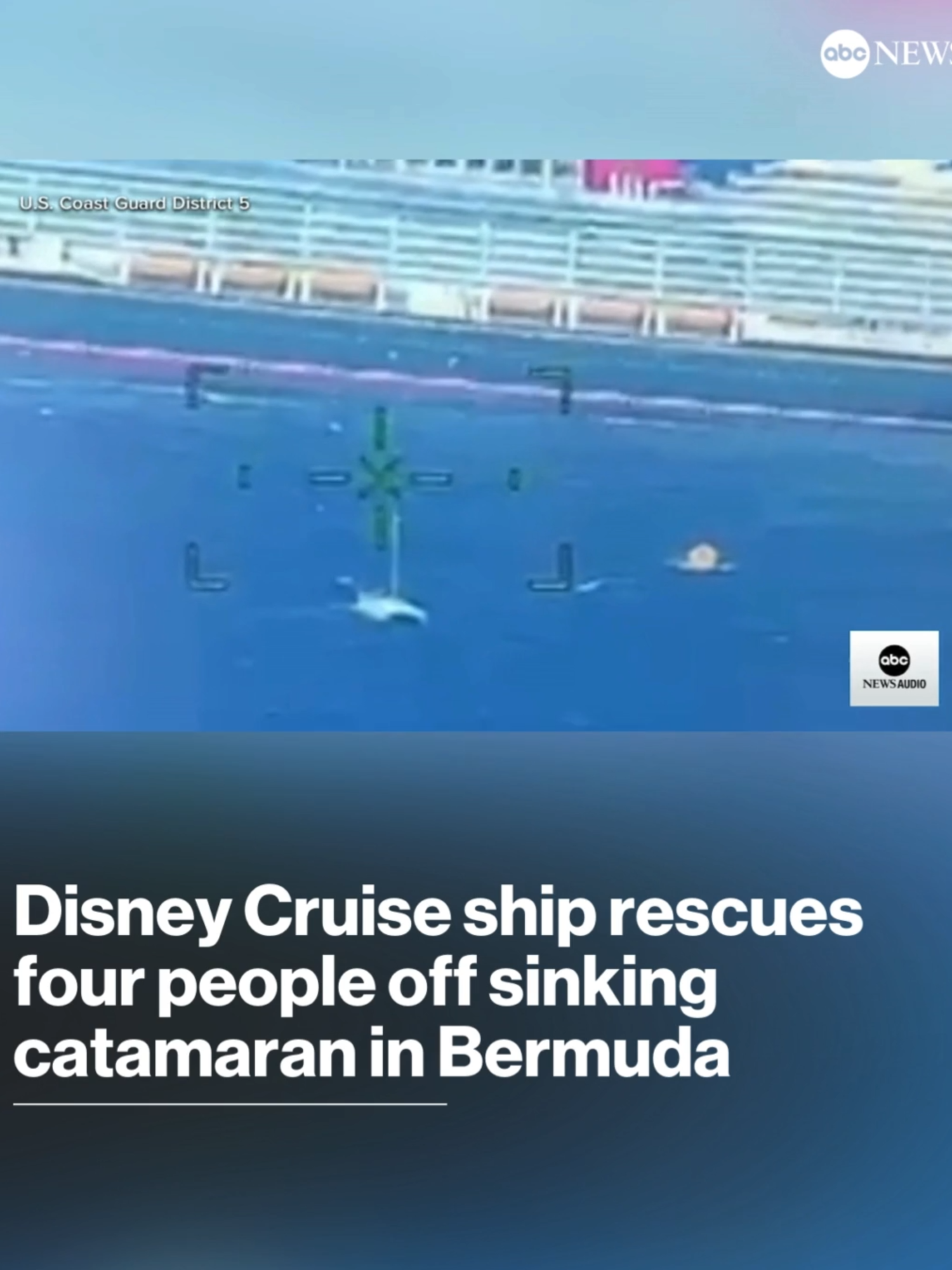 A Disney Cruise Line ship rescued four people from a sinking catamaran in Bermuda on Sunday. The 50-foot catamaran, called the Serenity, was about 230 miles off the coast of Bermuda when a gasket failure in the escape hatch caused the vessel to begin taking on water. After the passengers called for help, the Coast Guard issued a broadcast. The Disney Treasure, which was about 80 miles away, launched one of their small boats and rescued all four passengers. #news