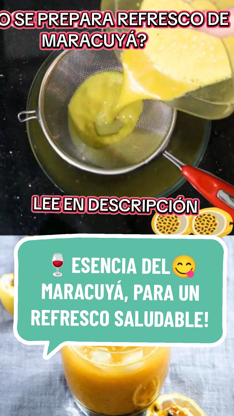 AQUÍ  TE DEJO UNA GUÍA RÁPIDA PARA PREPARAR UNA DELICIOSA ESENCIA DE MARACUYÁ PARA TU REFRESCO: Ingredientes:  * 7 maracuyás maduros  * 1 rajita de canela  * 1 clavo de olor  * Azúcar al gusto  * Agua (la cantidad dependerá de qué tan concentrado quieras el refresco) Pasos:  * Extraer la pulpa: Corta los maracuyás por la mitad y extrae la pulpa con una cuchara.  * Licuar: Coloca la pulpa de maracuyá en una licuadora junto con la canela, el clavo de olor y un poco de agua. Licúa hasta obtener una mezcla homogénea.  * Colar: Cuela la mezcla para retirar las semillas y obtener un líquido más limpio.  * Endulzar: Agrega azúcar al gusto y mezcla bien.  * Diluyr: Para preparar el refresco, mezcla la esencia de maracuyá con agua fría. Puedes ajustar la cantidad de agua según tu preferencia. Tips:  * Intensidad del sabor: Si deseas un sabor más intenso, puedes aumentar la cantidad de maracuyá o dejar macerar la mezcla durante unas horas antes de colarla.  * Conservación: La esencia de maracuyá se puede almacenar en el refrigerador en un recipiente hermético por varios días.  * Variantes: Puedes agregar otros ingredientes como jugo de naranja o limón para darle un toque diferente al refresco. ¡Disfruta de tu delicioso refresco de maracuyá! @frutesencia. @frutesencia. más información ✍️ en mí perfil 👉. #maracuya #refresco #facil #saludable #recetasfaciles #recetadecasa #recetacasera 