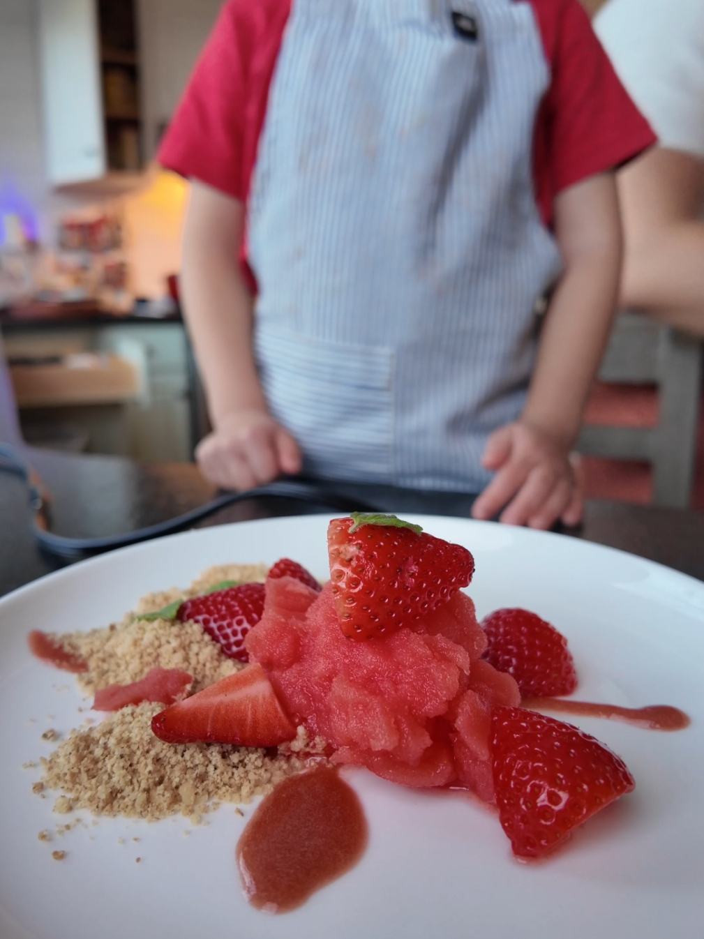 Levi makes watermelon sorbet! With strawberry balsamic gel and walnut graham cracker crumble! Levi's plating is so creative! #watermelon #familycooking 