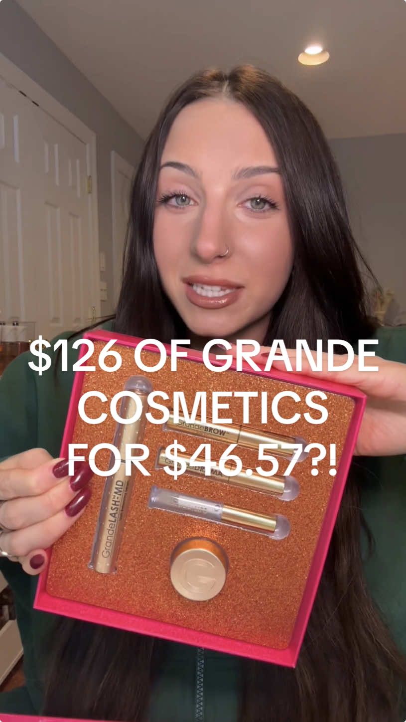 $126 value now $46.57?! Thats over $79 in savings!! 5 products for less than the price of just grande lash!! Includes: ✨ FULL SIZE $68 value rhinestone grande lash md ✨ mini: grande brow serum, grande drama (volumizing mascara), grande lips (plumper), grande buff (lip scrub) 🏃better deal than last years which sold out in two days- RUN!! @Grande Cosmetics  #grandecosmetics #grandelash #grandelashserum #grandelashmd #lashserum #affordablelashserum #beautydeals #tiktokshopblackfriday #tiktokshopcybermonday #treatyourself #ttsbeautybesties #starcreatorcompetition #eyelashserum #lipplumper #lipscrub #volumizingmascara #brownserum #grandebrow #wishlist #giftsets 