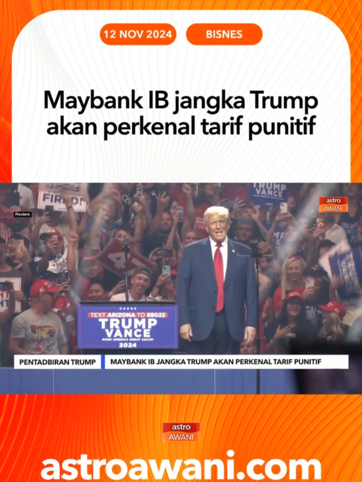 Maybank Investment Bank (Maybank IB) menjangkakan kemenangan Donald Trump akan menyaksikan pentadbirannya mengenakan tarif punitif bagi mempercepat aliran perdagangan dan bakal beri kesan kepada negara Asean. #AWANInews