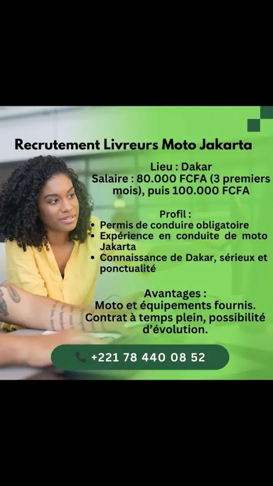 🚨 Nous recrutons des livreurs en moto Jakarta ! 🚨 Vous avez un permis de conduire et de l'expérience en conduite de moto ? Vous connaissez bien Dakar et êtes motivé, ponctuel et sérieux ? Rejoignez notre équipe ! 💰 Salaire : 80.000 FCFA par mois les 3 premiers mois, puis 100.000 FCFA. 📍 Lieu : Dakar. 🛵 Avantages : Moto et équipements fournis, contrat à temps plein avec possibilité d'évolution. Intéressé(e) ? Appelez-nous au +221 78 440 08 52.