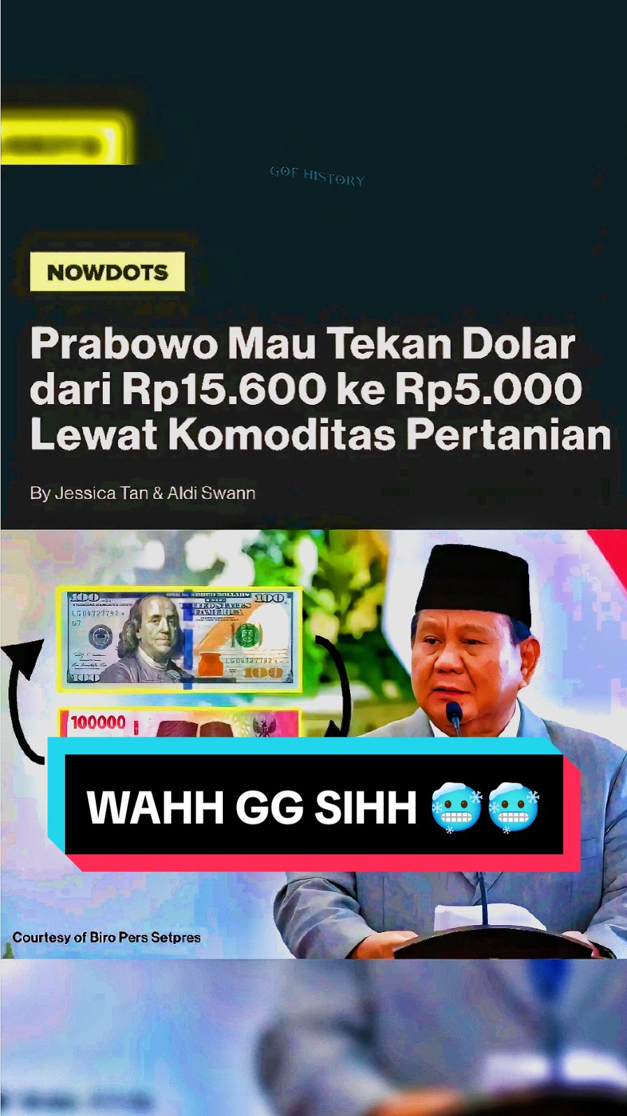 Presiden Prabowo Subianto, ingin menekan dolar Amerika Serikat menjadi Rp 5.000 per dolar, melalui apa saja. Karena itu pemerintah akan menggenjot 6 (enam) strategi komoditas untuk program hilirisasi. Kelapa dan Cengkeh termasuk 6 (enam) strategi komoditas yang akan digenjot pemerintah untuk program hilirisasi pertanian. Selain kelapa dan Cengkeh, komoditas lain yang masuk enam komoditas yang diprioritaskan hilirisasi adalah sawit, lada, kakao dan kopi. Menteri Pertanian Amran Sulaiman, melalui investordaily, bahwa Indonesia memiliki potensi ekspor terhadap enam komoditas tersebut yang diproyeksikan mencapai Rp600 triliun.Dengan hilirisasi, lanjut Amran, diharapkan akan ada nilai tambah minimal 20 kali lipat sehingga total ekspor produk hilirisasi mencapai Rp 12.000 triliun. “Ini mimpi besar kita 5 hingga 10 tahun ke depan,” ungkap Amran Sulaiman. Dengan demikian, kata Amran, devisa ekspor yang dihasilkan dari produk-produk dari enam komoditas tersebut, dapat memperkuat nilai tukar rupiah terhadap dolar hingga mencapai Rp 5.000 per US Dolar. Ini akan sejalan dengan tekad Presiden Prabowo Subianto, yang akan melakukan apa saja, untuk menjadikan nilai rupiah menjadi Rp 5.000 per dolar. #presiden #prabowo #gofhistory #semogafyp #fyp #1dolarRp5000 #Rp5000 #viral