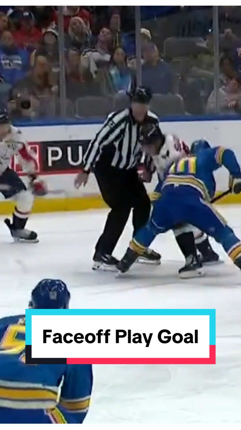 COACHES: Here's a great faceoff play from St. Louis that I'm seeing more and more in the NHL. After a won faceoff, teams are taking their board side wing high to the middle, opening up space along the wall for the board side D to come down and get lost. Anytime you can get your D going downhill, especially on faceoffs, it can create confusion for the defending team. On this play WASH gets two players stuck to the winger high leaving Perunovich WIDE OPEN in the slot for the goal. Movement creates confusion.  Great play, try it with your teams today!! #hockey #hockeytiktoks #hockeytok #NHL 