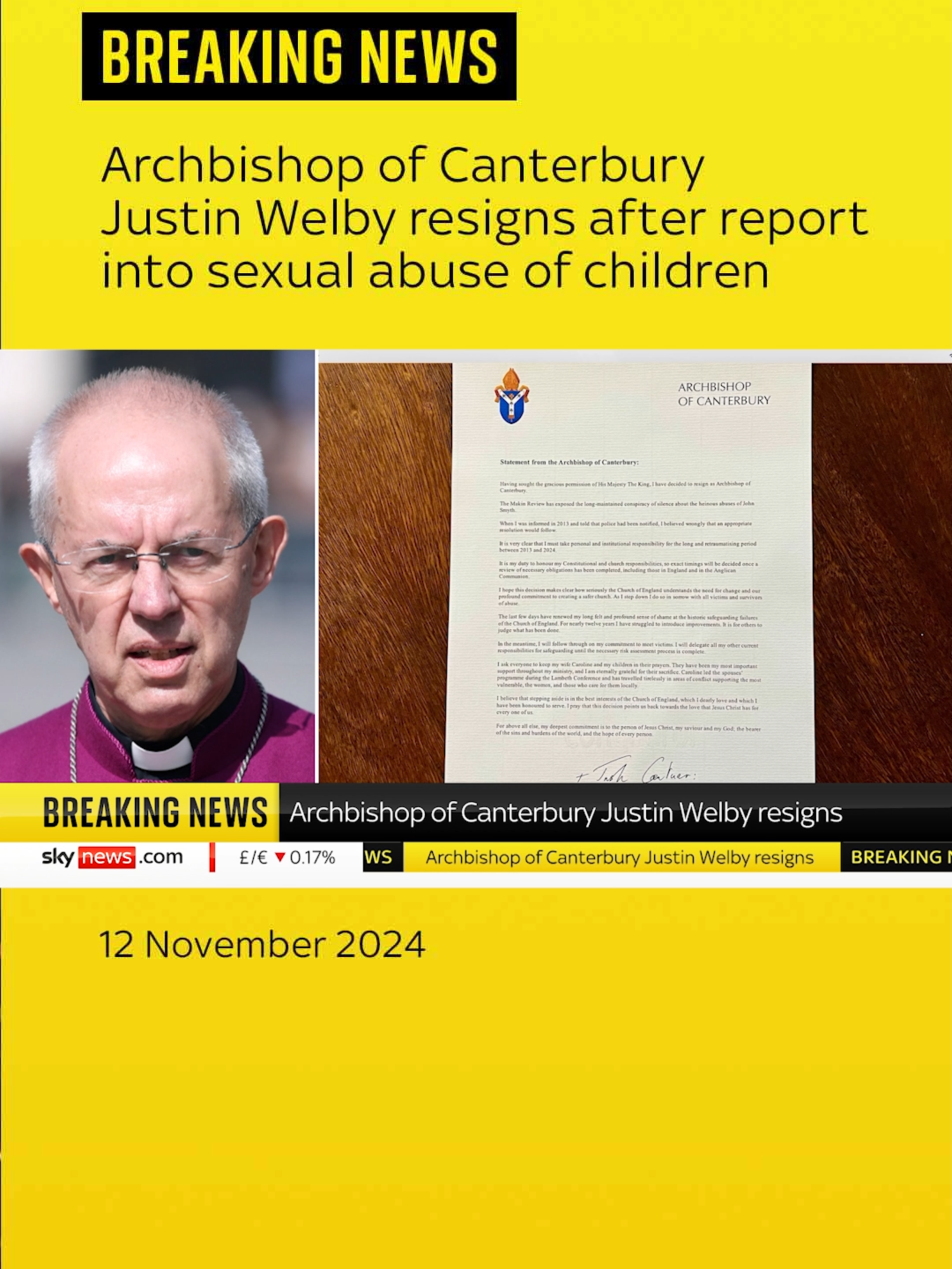 The Archbishop of Canterbury has resigned after a report found the Church of England covered up sexual abuse by a barrister. Justin Welby said: 