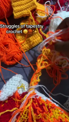 Imagine your yarn getting tangled like this after every two rows… tapestry is not for the weak🥲✨ #zeeycrochet #tapestry #crochetersoftiktok 