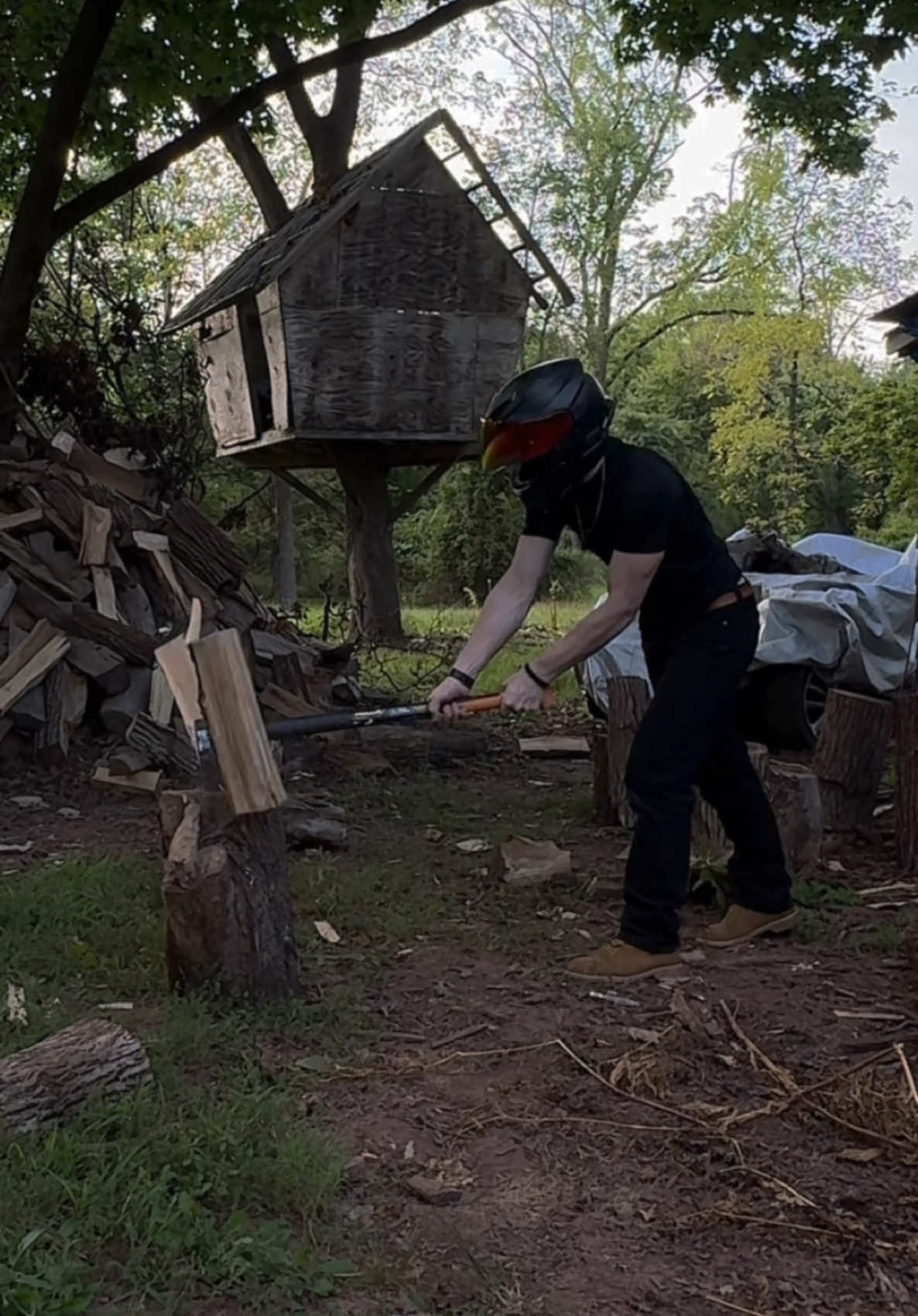 Splitting wood for the cold winter nights cuddling by the fire #biketok #bikerboy #BookTok #booktokfyp #motorcycle #maskedman #darkromance 