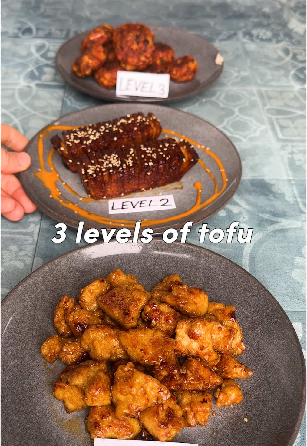 Which would you pick? 😋 RECIPE LEVEL 1 (15min prep time): -400g tofu Pat dry and tear in bite sized pieces. -2 Tbsp corn starch -1 Tsp salt Toss it. Fry in oil until crispy. Glaze: -4 Tbsp agave or maple syrup  -juice of 1 small lemon -1 Tsp each paprika, ground coriander, cumin -1/2 Tsp each chili powder garlic powder  -salt to taste -1-2 Tbsp water  Mix and add to the tofu. Stir and fry for 2-3mins until nicely glazed. RECIPE LEVEL 2 (4 servings, 35min prep time): -400g tofu Cut in half and then score sideways. -2 Tbsp each: soy sauce, agave, vinegar, hoisin sauce -1 Tbsp sesame oil -1 Tsp garlic powder Mix and add to the tofu. Bake at 200C/400F for 20mins. Add the remaining glaze and bake for another 5-10mins. RECIPE LEVEL 3(3 servings, 25min prep time): -1 block (200g) firm tofu, crumbled -1 small onion, grated -2 cloves garlic, grated -a big handful parsley, chopped -a big handful mint, chopped -3 proper Tbsp tomato sauce  -6 Tbsp flour (chickpea flour for the gf version) -salt and pepper to taste -1/2 Tbsp red wine vinegar Mash and combine. Shape into 8-10balls. Fry in oil until golden brown German recipe below 👇  #tofu #tofurecipes #EasyRecipes #easyveganrecipes #vegandinner 