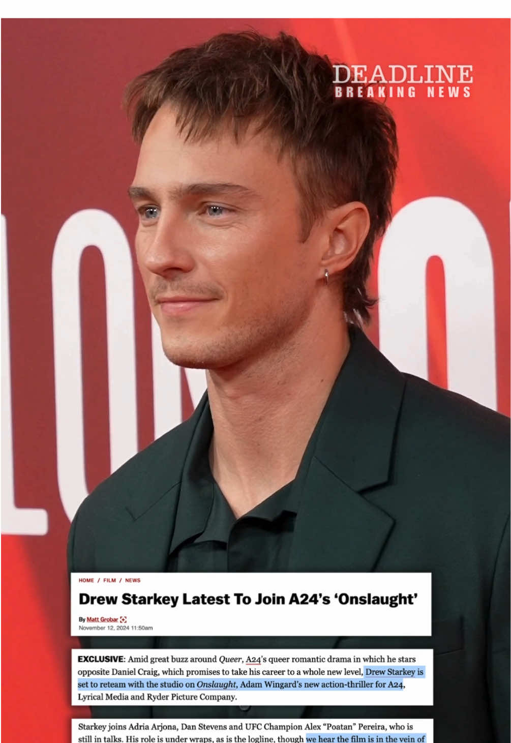 #DrewStarkey is set to reteam with #A24 on ‘Onslaught,’ Adam Wingard’s new action-thriller.  He joins Adria Arjona and Dan Stevens.  Full details online at the link in bio. 