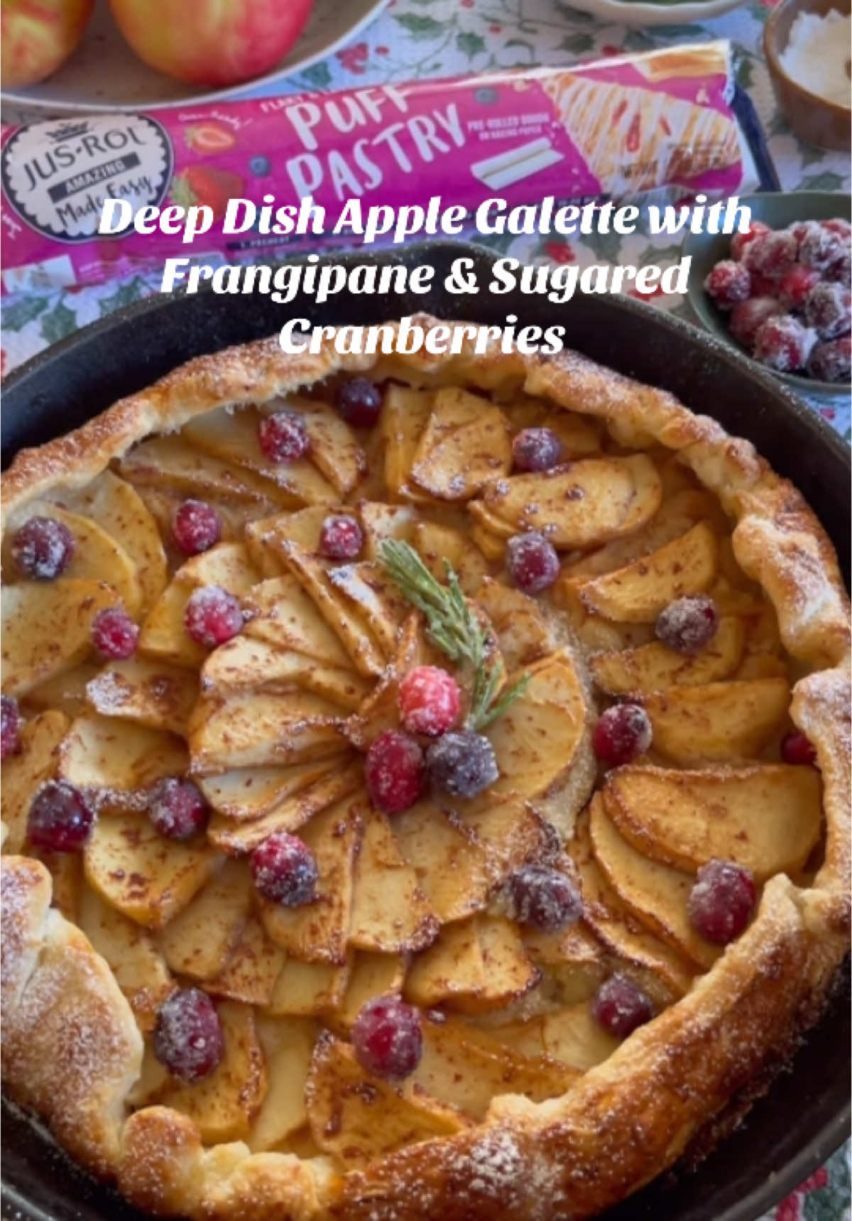 This post is sponsored by @Jus-Rol North America [#ad] and today I’m showing you how to easy it is to make an elevated apple galette using their puff pastry. Holiday gatherings call for show-stopping desserts and this is one that you’ll want to add to your must-bake list! Whether it’s for sweet treats, delicious desserts, or savory snacks and main dishes, Jus-Rol puff pastry is so easy to work with. I love that it’s made in the USA with non-GMO ingredients. It’s also free from artificial flavors and colors, has no high fructose corn syrup or bleached flour and is vegan friendly. There’s no need to worry about taking extra time to thaw because Jus-Rol puff pastry is refrigerated, not frozen. For my apple galette, I started out by making my secret ingredient which is a layer of frangipane that goes under the apples. Then I sliced up my apples, tossed them in a mixture of brown sugar and cinnamon, and layered the puff pastry, frangipane, and apples into a cast iron skillet. After baking, I added some powdered sugar and sugared cranberries for a magical holiday touch. The full recipe can be found on my blog. Jus-Rol puff pastry is truly amazing made easy! Find it in the refrigerated dairy case at your local grocery store. Comment YUM for 50% off Jus-Rol Puff Pastry straight to your inbox! #AmazingMadeEasy #BestPuffPastry #HolidayRecipes #PuffPastry #EasyBaking #PuffPastryDelights