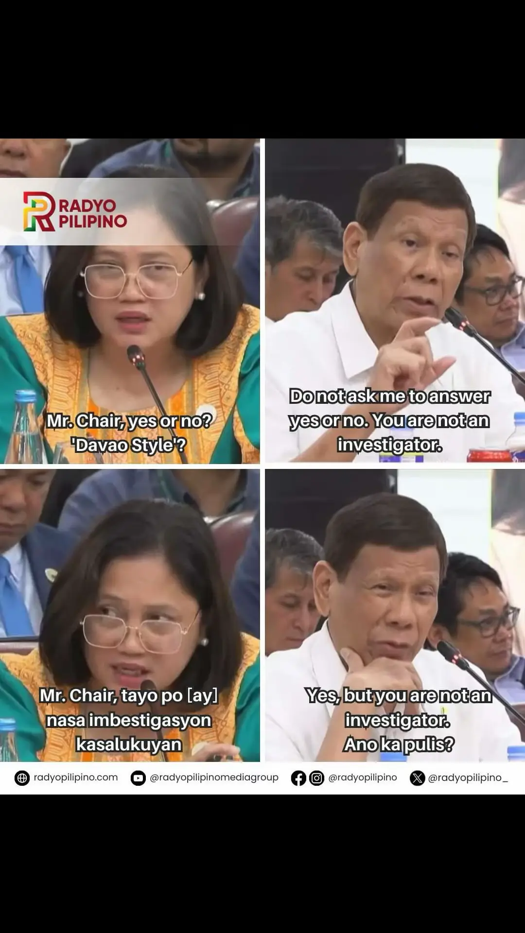 Nagkaroon ng mainitang palitan ng salita sina dating Pangulong #RodrigoDuterte at Representative #ArleneBrosas nang simulan ng House quad comm ang pagdinig ukol sa mga extrajudicial killings, ilegal na droga, at POGO ngayong Miyerkules.  “Responsable kayo kasi polisiya niyo ‘yun, kumbaga tatak Duterte dahil polisiya niyo rin ‘yan sa Davao. Tama ba na tawagin po itong Davao model or Davao style? Mr. Chair, yes or no?” tanong ni Brosas sa dating pangulo.  “Do not ask me to answer yes or no, you are not an investigator,” sagot naman ni Duterte.  (Screenshots/House of Representatives)