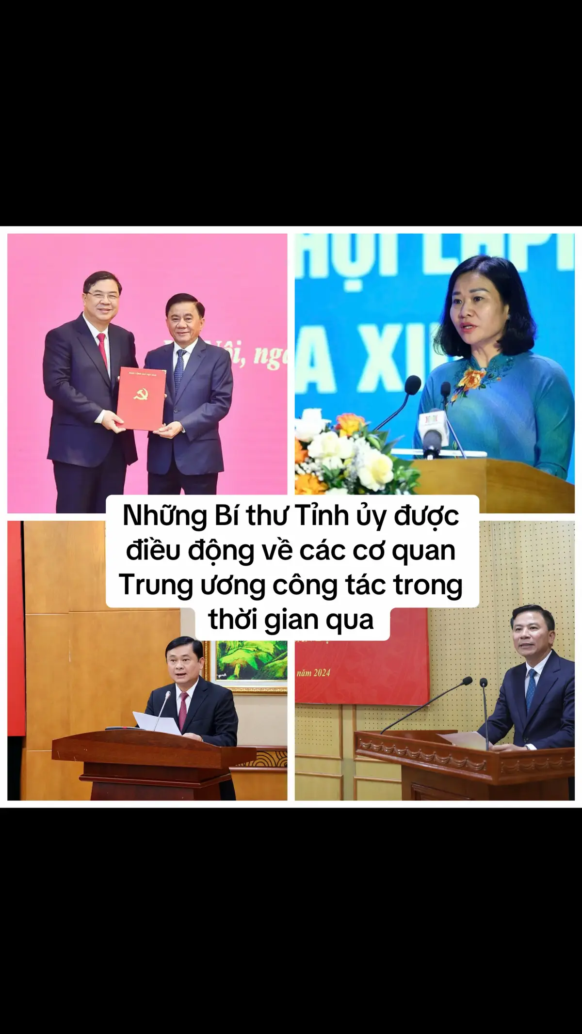 Trong hơn 2 tháng vừa qua, có 3 Bí thư Tỉnh ủy, 1 Phó Bí thư Thường trực Thành ủy được điều động về các cơ quan Trung ương công tác, đảm nhiệm trọng trách mới. Vào chiều 12/11, Văn phòng Trung ương Đảng tổ chức công bố Quyết định của Bộ Chính trị về công tác cán bộ. Theo quyết định của Bộ Chính trị, ông Phạm Gia Túc - Ủy viên Trung ương Đảng, thôi tham gia Ban Chấp hành, Ban Thường vụ và thôi giữ chức Bí thư Tỉnh ủy Nam Định nhiệm kỳ 2020 -2025; điều động, bổ nhiệm giữ chức Phó Chánh Văn phòng Trung ương Đảng. Những Bí thư Tỉnh ủy được điều động về cơ quan Trung ương công tác thời gian qua - Ảnh 1. Tân Phó Chánh Văn phòng Trung ương Đảng Phạm Gia Túc (trái) - Ảnh Đ.X Ông Phạm Gia Túc sinh năm 1965. Ông đảm nhiệm chức Bí thư Tỉnh ủy Nam Định từ tháng 4/2021. Trước đó ông là Phó Trưởng Ban Nội chính Trung ương. Ngày 6/11/2024, bà Nguyễn Thị Tuyến- Ủy viên Trung ương Đảng, Phó Bí thư Thường trực Thành ủy Hà Nội đã nhận quyết định của Bộ Chính trị thôi tham gia Ban Chấp hành, Ban Thường vụ và thôi giữ chức Phó Bí thư Thành ủy Hà Nội nhiệm kỳ 2020 2025, chỉ định tham gia Ủy viên Ban Chấp hành, Ủy viên Đoàn Chủ tịch và giữ chức Bí thư Đảng đoàn Hội Liên hiệp Phụ nữ Việt Nam nhiệm kỳ 2022 -2027. Những Bí thư Tỉnh ủy được điều động về cơ quan Trung ương công tác thời gian qua - Ảnh 2. Chủ tịch Hội Liên hiệp Phụ nữ Việt Nam Nguyễn Thị Tuyến. Ảnh Đ.X Ngay sau đó, tại Hội nghị Ban Chấp hành Trung ương Hội Liên hiệp Phụ nữ Việt Nam lần thứ 11, khóa XIII, bà Nguyễn Thị Tuyến được bầu giữ chức Chủ tịch Hội Liên hiệp Phụ nữ Việt Nam nhiệm kỳ 2022-2027. Vào ngày 26/10/2024, ông Thái Thanh Quý- Ủy viên Trung ương Đảng, đã nhận quyết định của Bộ Chính trị thôi tham gia Ban Chấp hành, Ban Thường vụ và thôi giữ chức Bí thư Tỉnh ủy Nghệ An nhiệm kỳ 2020 2025; điều động, phân công giữ chức Phó Trưởng Ban Kinh tế Trung ương. Những Bí thư Tỉnh ủy được điều động về cơ quan Trung ương công tác thời gian qua - Ảnh 3. Ông Thái Thanh Quý, Phó trưởng Ban Kinh tế Trung ương. Ảnh Đ.X Ông Thái Thanh Quý sinh năm 1976, quê Nghệ An; Trình độ lý luận chính trị: Cao cấpTrình độ chuyên môn: Tiến sĩ Kinh tế. Ông là Ủy viên Trung ương Đảng: Khóa XII (dự khuyết), XIII; Bí thư Tỉnh ủy, Chủ tịch HĐND tỉnh Nghệ An, Trưởng Đoàn ĐBQH tỉnh Nghệ An; Đại biểu Quốc hội: Khóa XV. Vào ngày 5/9/2024, ông Đỗ Trọng Hưng - Ủy viên Trung ương Đảng nhận quyết định của Bộ Chính trị, thôi tham gia Ban Chấp hành, Ban Thường vụ và thôi giữ chức Bí thư Tỉnh ủy Thanh Hóa nhiệm kỳ 2020 -2025; điều động, phân công giữ chức Phó trưởng Ban Tổ chức Trung ương. Những Bí thư Tỉnh ủy được điều động về cơ quan Trung ương công tác thời gian qua - Ảnh 4. Ông Đỗ Trọng Hưng, Phó trưởng Ban Tổ chức Trung ương. Đến đầu tháng 11/2024, ông Đỗ Trọng Hưng đã được Ban Thường vụ Đảng ủy Khối các cơ quan Trung ương chỉ định tham gia Ban Chấp hành, Ban Thường vụ và giữ chức Bí thư Đảng ủy cơ quan Ban Tổ chức Trung ương, nhiệm kỳ 2020-2025. Trước đó cũng trong năm 2024, còn có các lãnh đạo là Ủy viên Trung ương Đảng - Bí thư Tỉnh ủy được điều động về các cơ quan Trung ương công tác, như bà Nguyễn Thanh Hải thôi chức Bí thư Tỉnh ủy Thái Nguyên để giữ chức Phó trưởng Ban Tổ chức Trung ương, Trưởng Ban Công tác Đại biểu; ông Nguyễn Hữu Đông thôi giữ chức Bí thư Tỉnh ủy Sơn La để giữ chức Phó trưởng Ban Nội chính Trung ương; ông Đỗ Đức Duy thôi Bí thư Tỉnh ủy Yên Bái để giữ chức Bộ trưởng Bộ Tài nguyên và Môi trường; ông Nguyễn Hải Ninh thôi giữ chức Bí thư Tỉnh ủy Khánh Hòa để giữ chức Bộ trưởng Bộ Tư pháp. #xuhuong 