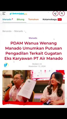 Perusahaan Daerah Air Minum (PDAM) Wanua Wenang Manado, melalui Juru Bicara sekaligus Ketua Satuan Pengawas Internal (SPI), Aswin Kasim, mengumumkan hasil putusan Pengadilan Hubungan Industrial (PHI) terkait gugatan pesangon yang diajukan oleh dua eks karyawan PT Air Manado, Albert Wales dan Desmon Dirk Rattu. Gugatan yang teregister dengan nomor perkara 10/Pdt.SUS-PHI/2024/PNmnd ini diajukan oleh Wales dan Rattu, yang sebelumnya bekerja di PT Air Manado sejak 2006 hingga 2021. Keduanya diangkat sebagai karyawan PDAM Manado pada 4 November 2022, dengan Wales pensiun pada 15 Mei 2023 dan Rattu dijadwalkan pensiun pada 22 Desember 2023. Mereka menuntut pesangon terkait masa kerja di PT Air Manado. Dalam konferensi pers yang digelar hari ini, Aswin Kasim menyampaikan bahwa sejak menjadi karyawan PDAM, segala hak kedua karyawan tersebut telah dipenuhi sesuai aturan. 