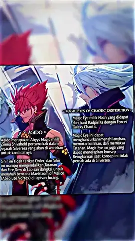 Agido merupakan Abyys Magic milik Zinnia Shivaheld, pertama kali dalam sejarah Silversea yang akan di wariskan untuk kandidat penerusnya. Sihir ini tidak terikat Order, dan Sihir ini mampu menahan bencana Maelstrom of Malice (Absolute Vortex) dengan memanfaatkan Tatanan, Fire Dew, dan Magic Power dari Silversea lapisan dangkal, menjadi sumber kekuatan bagi Zinnia Shivaheld untuk menahan Absolute Vortex. #anime #fyp #maougakuinnofutekigousha #themisfitsofdemonkingacademy #anosvoldigoad #noah #amur #zinniashivaheld #lusarztenon🥶 