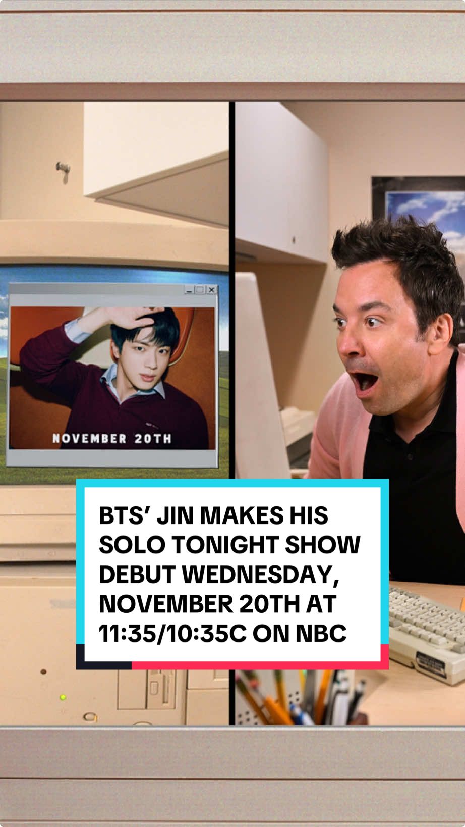 Loading… @BTS’ Jin makes his solo Tonight Show debut Wednesday, November 20th at 11:35/10:35c on @NBC! 🫰 #JinOnFallon #FallonTonight #BTS #ARMY #Jin #Jin_Happy #JimmyFallon 