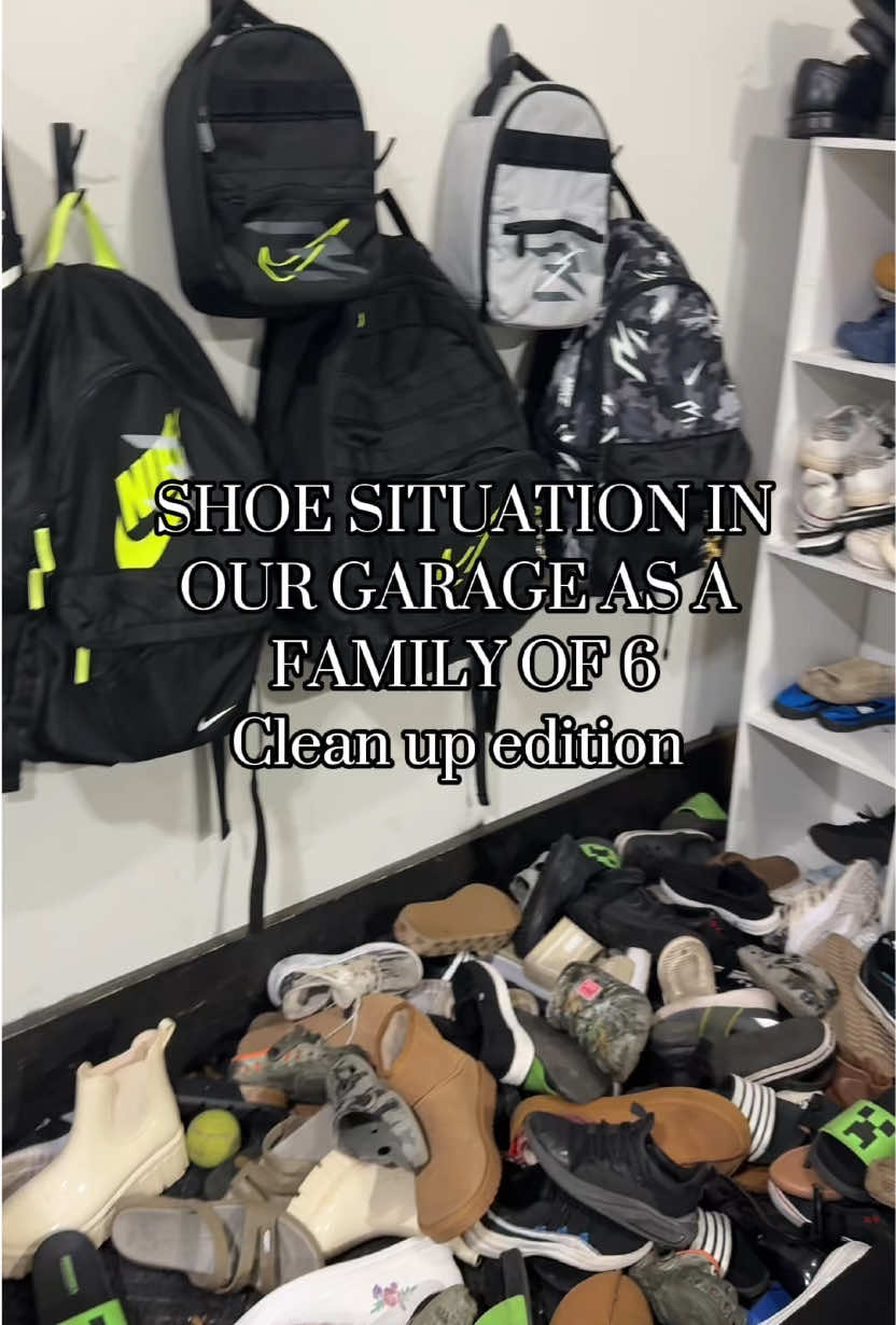 Soooo much better!!👟 Anyone else have SO MANY SHOES 😩 99% of mine are in my closet but we still accumulate so many in the garage where the kids come in!! Had to blur my boys backpacks because of the brand😅😂 #shoerack #shoeorganization #garage #garagestorage #CleanTok #cleanup #shoecleanup #tiktokshopblackfriday #tiktokshopblackfridaysale #tiktokcybermonday 