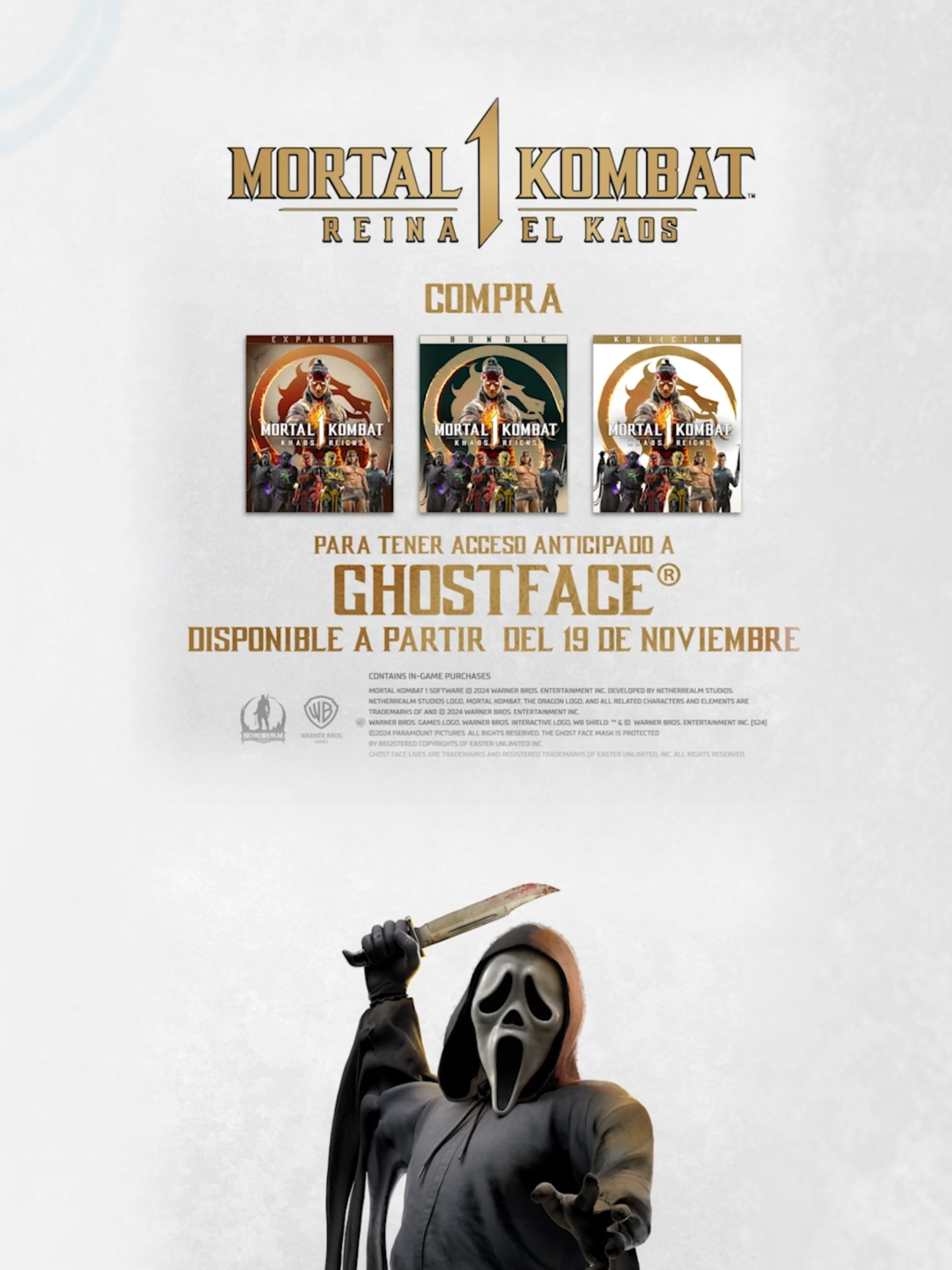 Ghostface, de la icónica franquicia Scream, se une a la lista #MK1 para acceso anticipado el 19 de noviembre. #warnerplaylatino #ghostface