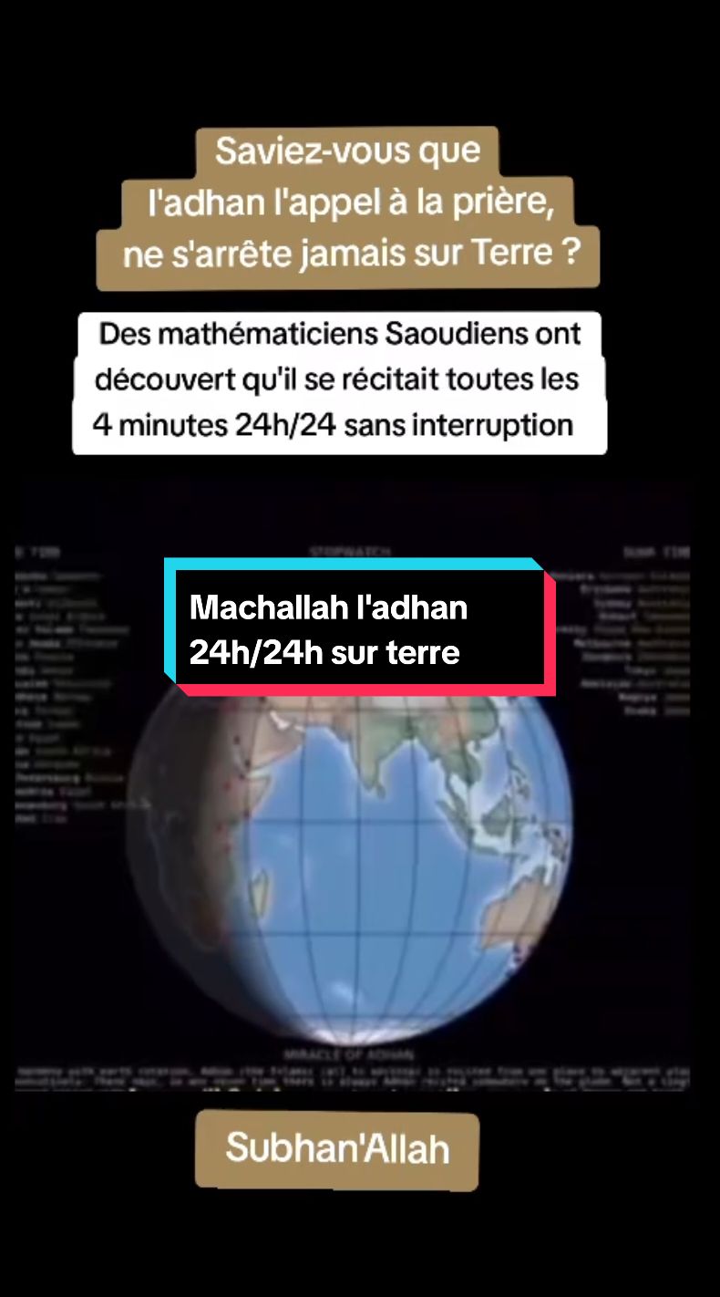 Notre Planète est divisé en  360 méridiens à 4 min l'une de l 'autre Ainsi, se terminant dans un méridien, l'appel à la prière commence immédiatement dans l'autre méridien et ainsi de suite et l'adhan sonne sur la Terre sans interruption pendant 1440 minutes soit 24 heures sur 24. #foryoupage❤️❤️ #pourtoi #for #foru #pourtoii 