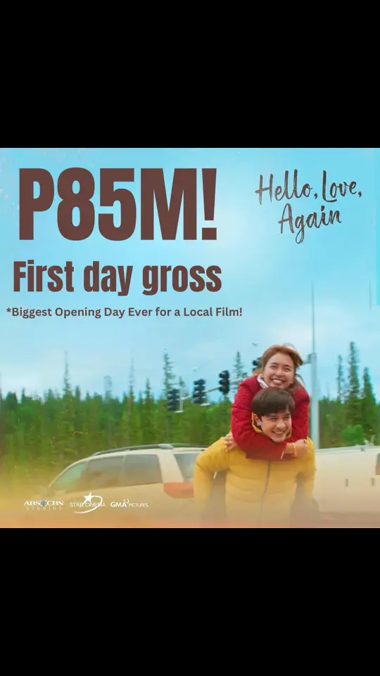 JUST IN: #HelloLoveAgain pumalo sa P85M First Day Gross nito nitong nagdaang November 13!!! Ito na ang BIGGEST OPENING DAY Gross Ever sa kasaysayang ng Philippine Movie Industry!!