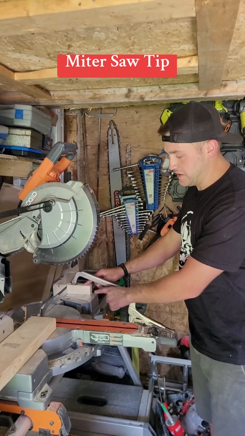 Easy way to make the same cut multiple times with a miter saw. Clamp a piece of wood onto the table, then you can simply butt the wood up against it and make the same cut quick and easily. #woodworkforall #woodworkerlife #woodworking #renotip #renos #homerenos #carpentryworks #carpentrywork #diyprojects #tooltiptuesday #tooltip #ridgidtools #bluecollar #bluecollartips #handymanservices #carpentrytip #lifehacks #renovationtips 