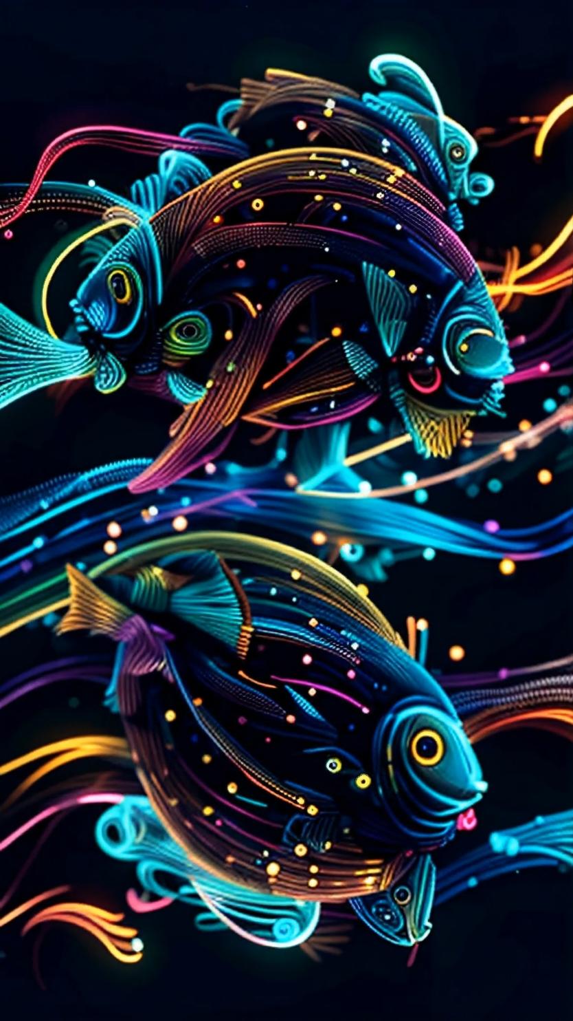 Neon Circuit School: Fish-shaped neon circuits move gracefully in and out of connection, their forms shifting between electric blues, greens, and purples. Each flow and twist of the circuit evokes a sense of underwater motion, yet with a futuristic edge. The colorful patterns flash rhythmically, giving life to an abstract, technological ocean scene. #AIWallpapers #LiveWallpaper #CircuitFish #NeonFlow #DigitalSchool #ElectricUndulation #FuturisticAqua 