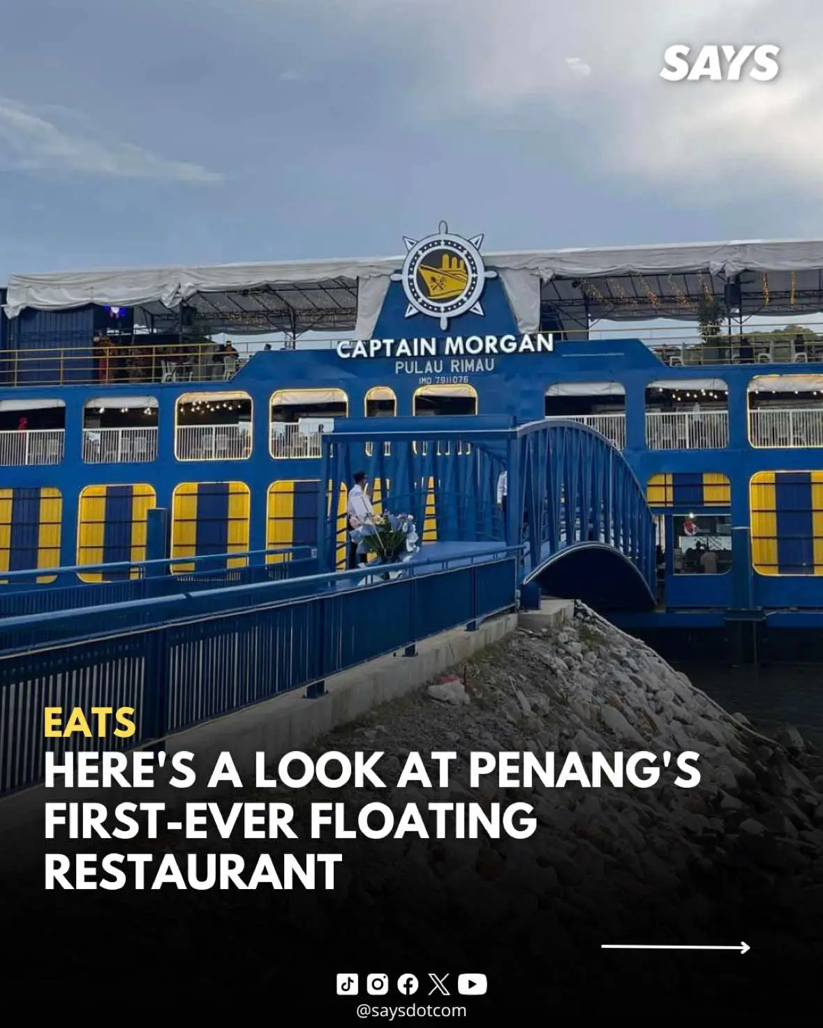 All aboard Captain Morgan Kitchen & Bar, Penang's first-ever floating restaurant! ⚓ Formerly a passenger ferry decommissioned in 2020, the Pulau Rimau vessel has been refurbished into a stylish restaurant, offering Muslim-friendly international cuisine over a panoramic view of the sea. Accessible via a blue bridge from the waterfront, this three-storey ferry boasts a capacity of 740 diners. Since the ferry restaurant has an approved load capacity, it is currently only accepting dining customers for safety reasons. There is currently no official announcement on the restaurant's opening date, but Guangming Daily reports that the restaurant will be open all year round from 4.30pm to 12pm, while the sky bar will operate until 2am. Click the link or visit www.says.com to read the full article. Cover image credit: Sgk Veronica (Facebook)