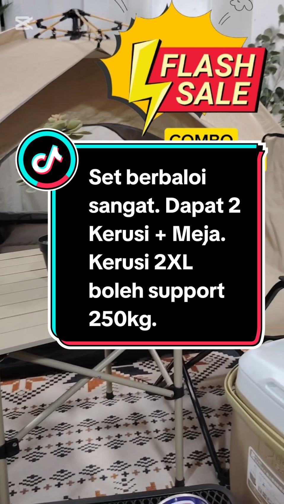 Set berbaloi sangat. Dapat 2 Kerusi + Meja. Kerusi 2XL boleh support 250kg. #mejalipatportable #mejalipat #kerusilipat #camping #camper #CapCut 