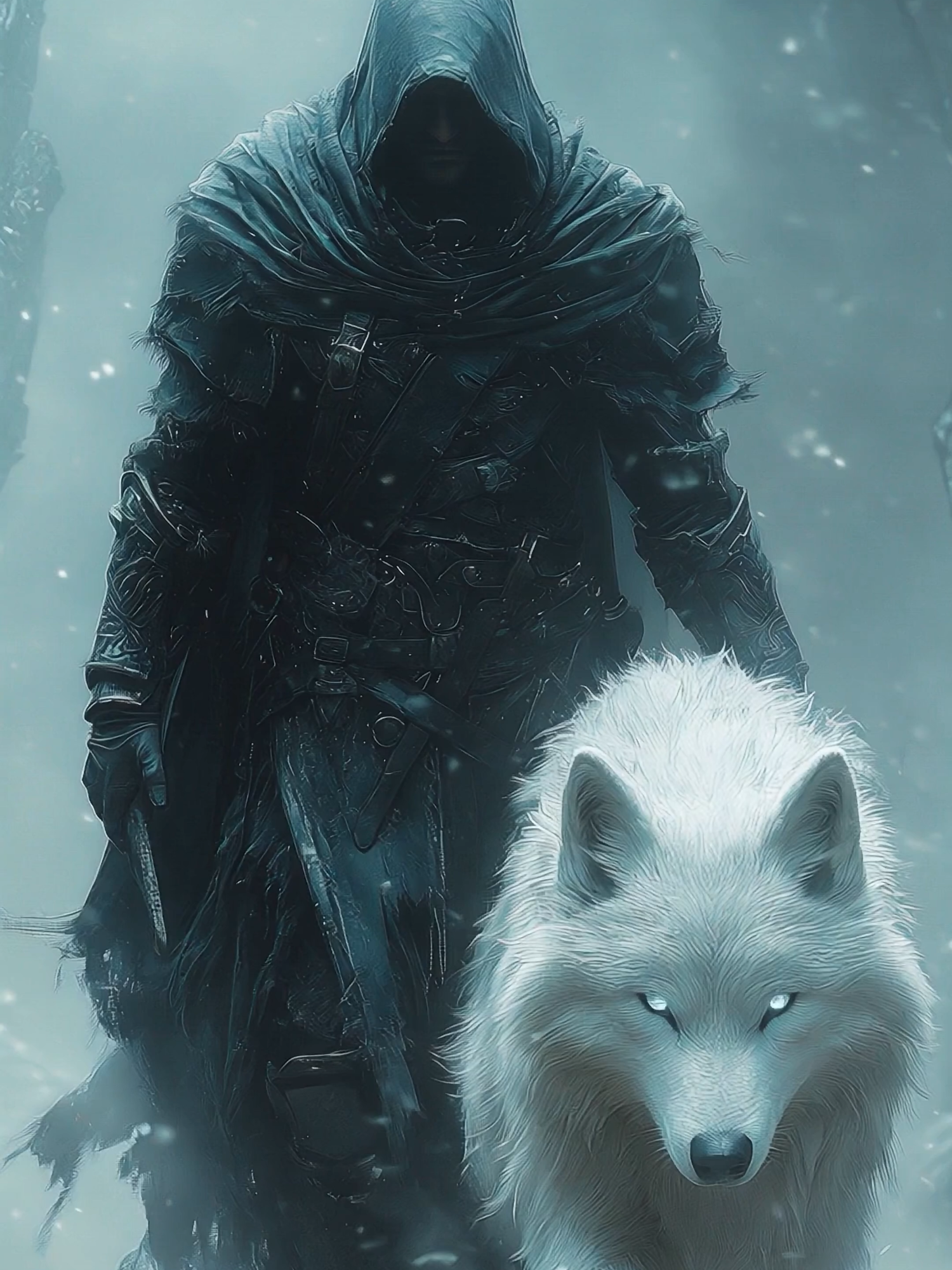 An enigmatic, hooded figure draped in shadowed, weathered armor strides through a mist-laden forest, accompanied by a ghostly white wolf with piercing, luminous eyes. The air is thick with an eerie calm, snowflakes drifting gently around them, as they move with a shared purpose across a rugged, leaf-strewn path. The wolf’s gaze is fierce and unyielding, mirroring the intensity of its silent companion. Together, they exude an aura of ancient magic and primal strength, as if bound by a mystical bond forged in realms unknown. #aiart  #livewallpaper  #aicontent  #wallpaper